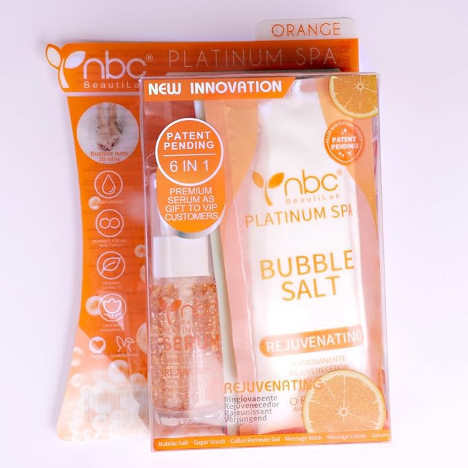 nbc BeautiLab Pedicure Kit Foot Soak Set: Bubble Salt, Sugar Scrub, Massage Mask, Massage Lotion in a Box, 4 Step Foot Spa Kit for Dry Feet, Softens Calluses, Soothes Sore and Tired Feet (Mango)