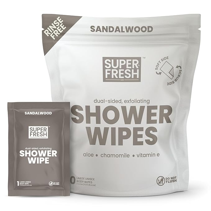 Super Fresh Shower Body Wipes, Travel Essentials for Camping, Large Sandalwood Wipes for Adults, Women, Men, Kids Personal Hygiene Cloth Enriched with Aloe and Vitamin E, Individually Wrapped 10 Pack