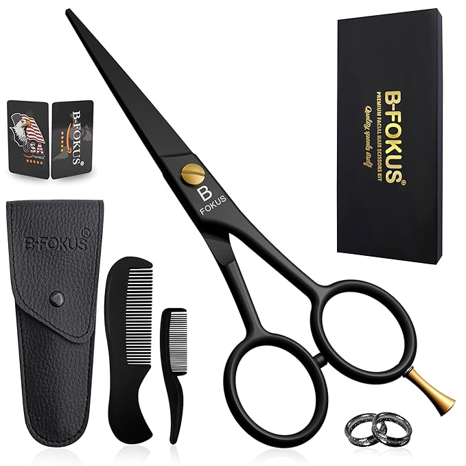 5" Premium Beard Mustache Scissors, Black High Carbon Stainless Steel Beard Scissors with 1 Beard Comb, 1 Mustache Comb, 2 Stickers and Tarvel Pouch. Beard Trimming Scissors for All Facial Hair