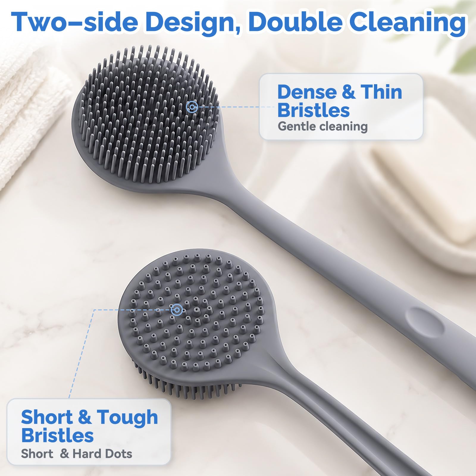 Manmihealth Silicone Body Scrubber Shower Brush Set Thin Bristles Gray