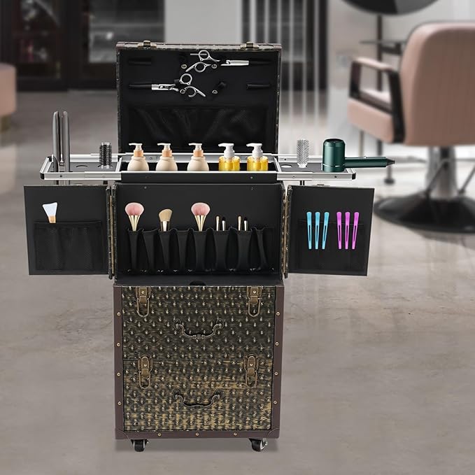 SuiYuLn Lockable Makeup Train Case,55.1lbs Rolling Hairdressing Trolley,Beauty Salon Cosmetic Luggage with Universal Wheels for Hair Stylist,Make-up Artists (Brown)