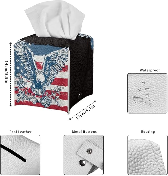American Flag Eagle Tissue Box Holder Waterproof PU Leather Square Modern Tissue Box Cover with Metal Button Napkin Holder for Home Office Car