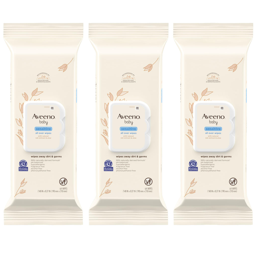 Aveeno Baby Sensitive All Over Wipes, Fragrance Free, 64 ct (Pack of 3)