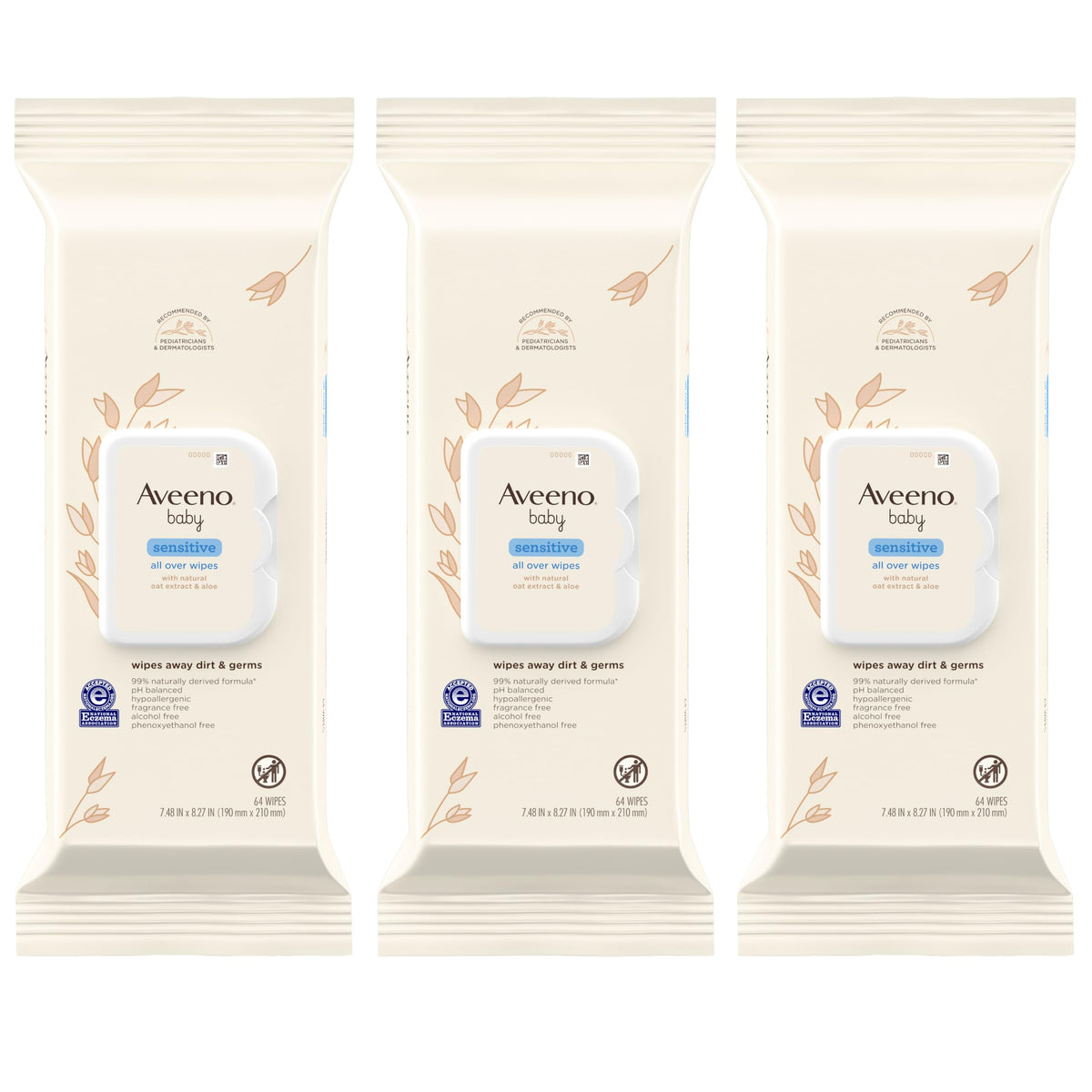Aveeno Baby Sensitive All Over Wipes, Fragrance Free, 64 ct (Pack of 3)