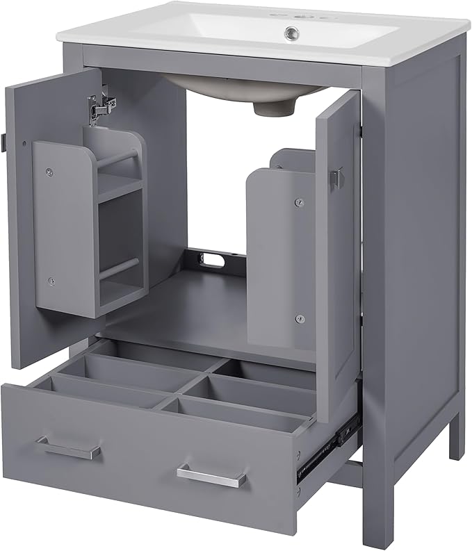 Bellemave 24" Bathroom Vanity with Sink Combo Set, Solid Wood Frame Bathroom Storage Cabinet with a Drawer, 2 Soft Closing Cabinet Doors with Organizer, Grey