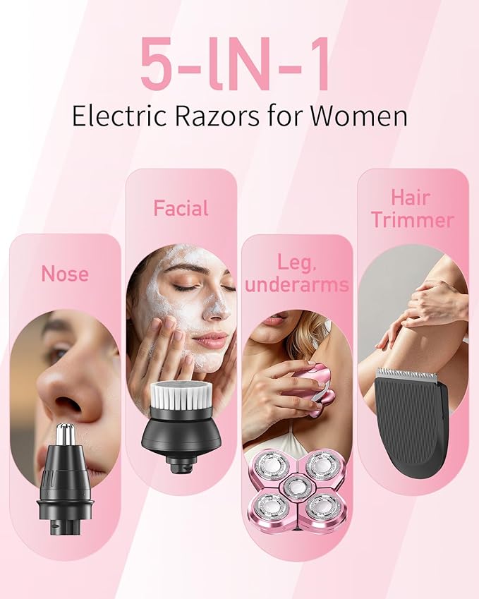 Electric Razors for Women, 5-in-1 Multi-Function Womens Razor with LED Display, Rechargeable Waterproof Electric Shaver, Ideal Travel Trimmer Body Hair Remover for Legs, Face, Armpits &Bikini (Pink)