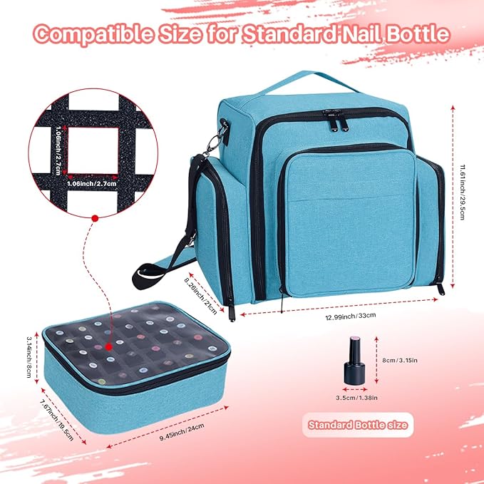 UOZL Nail Polish Organizer Case Hold 90 Bottles with 3 Detachable Bag,Green