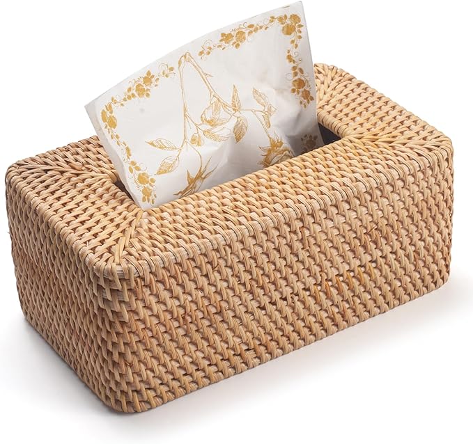 Rattan Tissue Box Cover Natural Woven Facial Napkin Holder Rectangular 10 x 6.1 x 4.1 Inch (Natural)