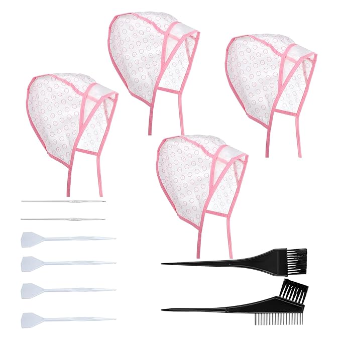 4 Pcs Hair Highlighting Cap, Highlight Cap with Hooks, Highlighting Kit for Blonde & Color, Salon Frosting Dye Kit for Home Hair Coloring, Durable Silicone Caps, Easy to Use