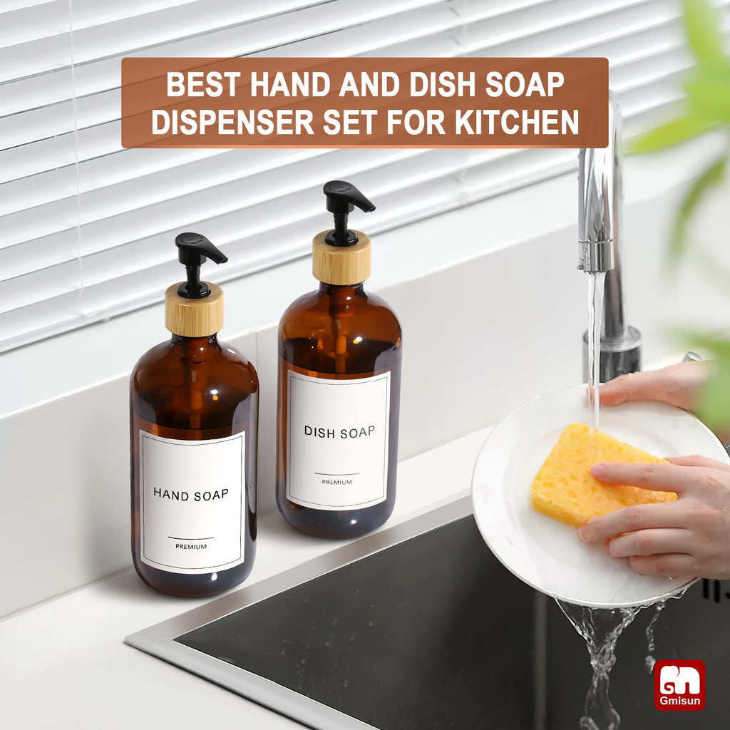 GMISUN Amber Glass Soap Dispenser, 2 Pack Bathroom Hand Soap Dispensers with Bamboo Pump, 17 Fl Oz Kitchen Hand and Dish Soap Dispenser Set, Modern Vintage Liquid Brown Soap Dispensers Bottle