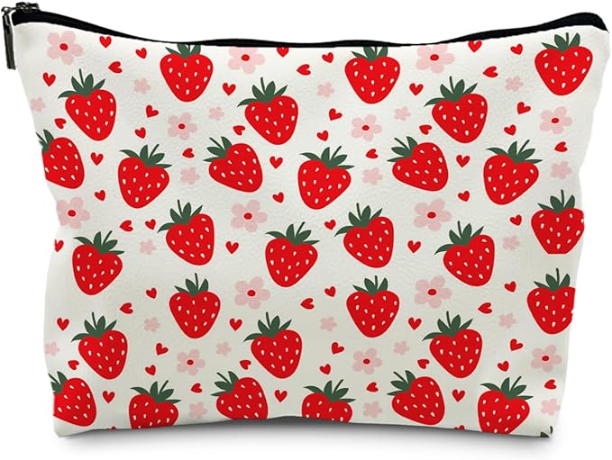 Supwhd Red Strawberry Makeup Bag, Cute Strawberry Stuff, Small Makeup Bag for Purse (PU)