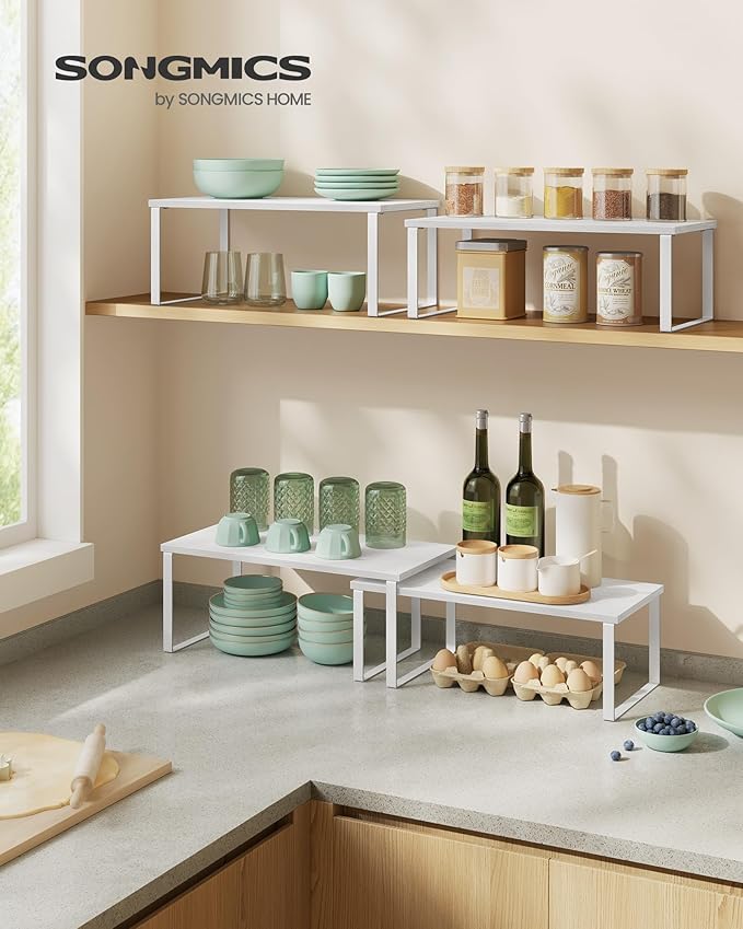SONGMICS Cabinet Organizer Shelf, Set of 2 Kitchen Counter Shelves, Kitchen Storage, Spice Rack, Stackable, Expandable, Metal and Engineered Wood, 15.6 Inches, Cloud White and Snow White UKCS025W01