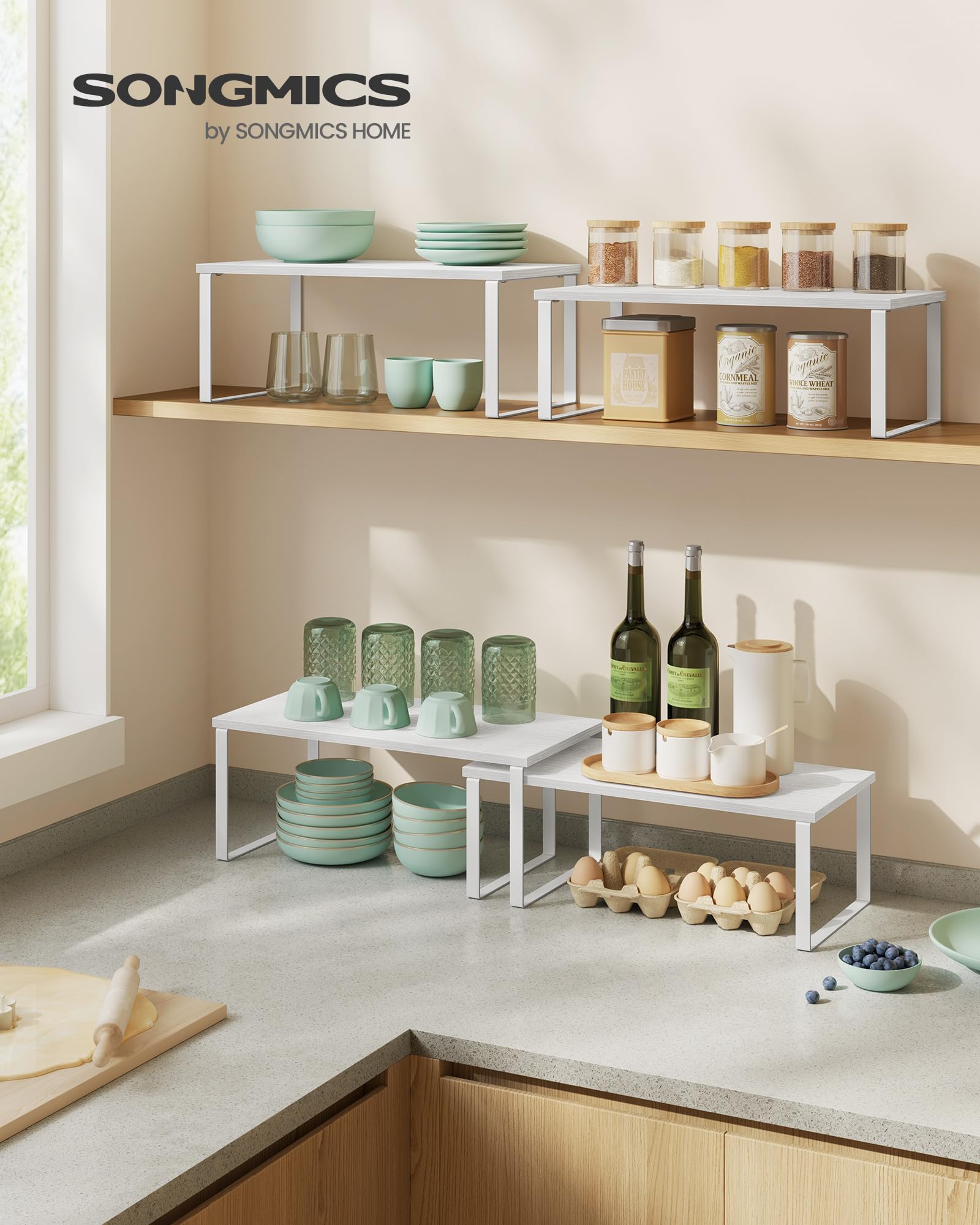 SONGMICS Cabinet Organizer Shelf, Set of 2 Kitchen Counter Shelves, Kitchen Storage, Spice Rack, Stackable, Expandable, Metal and Engineered Wood, 15.6 Inches, Cloud White and Snow White UKCS025W01