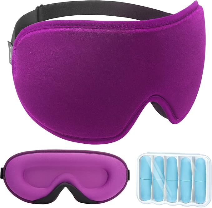 LYSIAN 3D Sleep Mask for Side Sleepers, Blackout Eye Mask with No Pressure on Eyes, Adjustable Comfortable Blindfold with 5 Pairs of Ear Plugs for Sleeping, Travel, Nap, Purple
