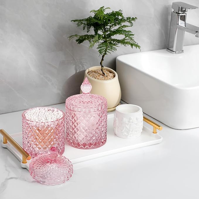 2 Pack Qtip Holder Apothecary Jars with Lid, Thick Glass, Pink