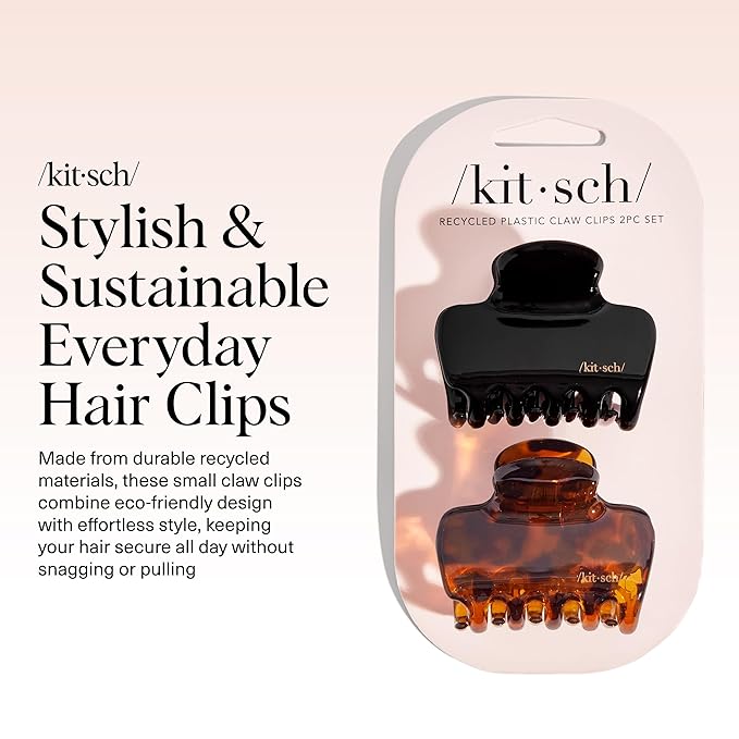 Kitsch Medium Claw Clips for Women - Strong Hold & Stylish Glossy Puffy Design Hair Accessories | Half-Up or Full Updos - 2pc Set, Black & Tort