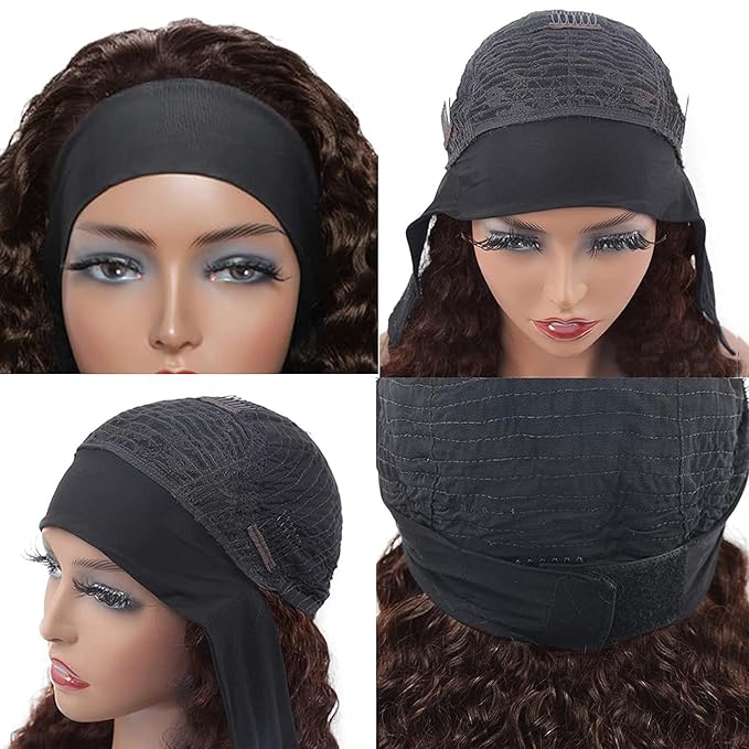 Aiterina Headband Wig Human Hair Headband Wig Deep Wave Human Hair Wigs for Black Women Glueless Human Hair Wigs Machine Made 150% Density No Lace Deep Headband Wig Chocolate Brown 16 inch