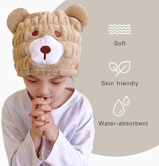 LCBD Microfiber Hair Towel Wrap for Kids, Brown Bear Dry Hair Cap Suck Water, Absorbent Quick Girls Boys Hair Drying Towel, Lightweight Bouncy Hat Headscarf for Wet Hair