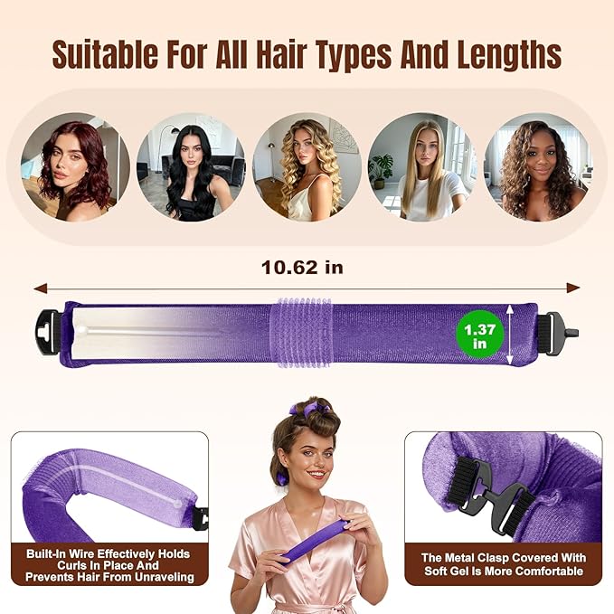 BLAAROOM Overnight Heatless Hair Curler, Upgraded with Hair Pad Grippers Satin Jumbo Flexi Blowout Curls Rods, 3pcs No-Heat Styling Tools Curling Rod to Sleep in for All Hair Types - Purple