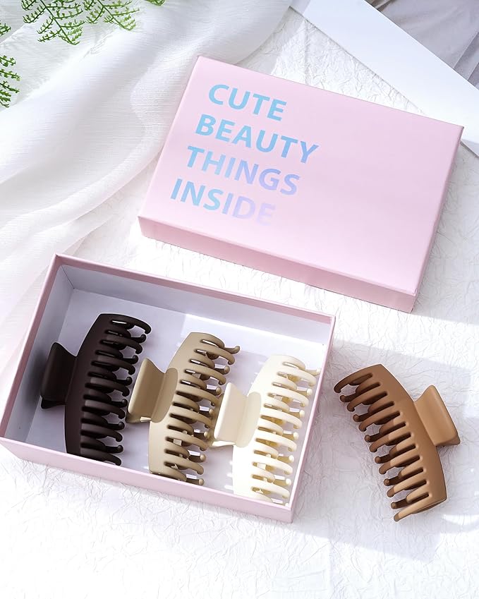 Mesovor 4 Pack Double Row Teeth Hair Claw Clips, 3.5" Large Strong Hold Matte Hair Clips for Thin and Short Fine Hair Accessories (Brown Neutral Matte)