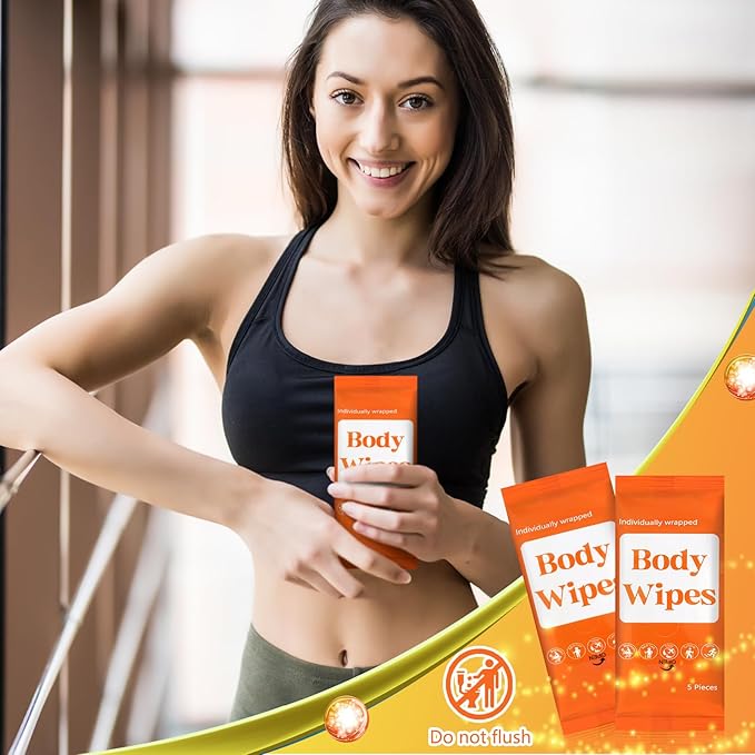 Threlaco 300 Pcs 60 Pack Body Wipes for Adults Bathing No Rinse Individually Wrapped Shower Wipes Washcloth with Aloe Cleansing Body Wash Cloths Disposable Bulk Deodorant Homeless(Orange Background)