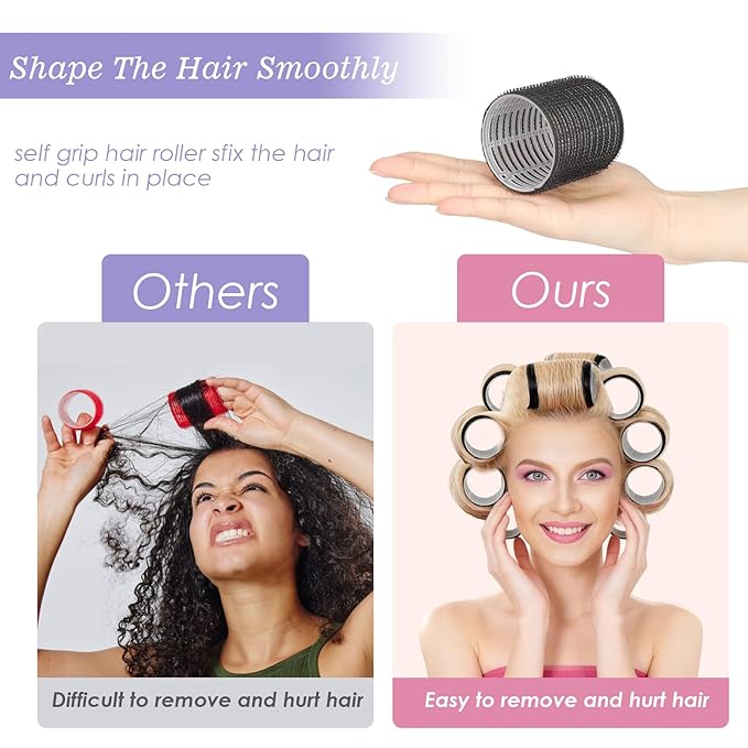 6Pcs 64mm Jumbo Hair Rollers & 6Pcs 55mm Large Hair Rollers, Large Rollers for Long Hair, Women with 12 Hair Clips, Storage Bag -Black