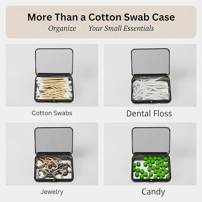 LIGHUFEIC Bling Cotton Swab Holder for Travel,2PCS Portable Floss Pick Holder Case with Mirror,Storage Box for Cotton Swabs, Dental Floss, Hair Ties, and Small Essentials(Black)