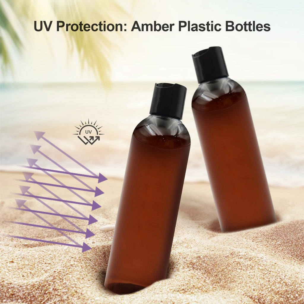 ZLEVEAYN 2 Pack 8 oz Amber Plastic Squeeze Bottles with Black Disc Caps Refillable Empty Travel Containers Bottles for Shampoo Conditioner Toiletries Lotions Oils BPA Free