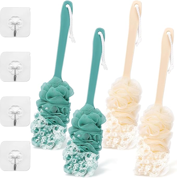 4Pack Back Scrubber for Shower Loofah with Long Handle, Shower Brush for Body, 17″ Loofah on a Stick for Men Women Bathing Accessories, Scrubber Sponge for Exfoliating Bath Brushes (Beige & Pink)