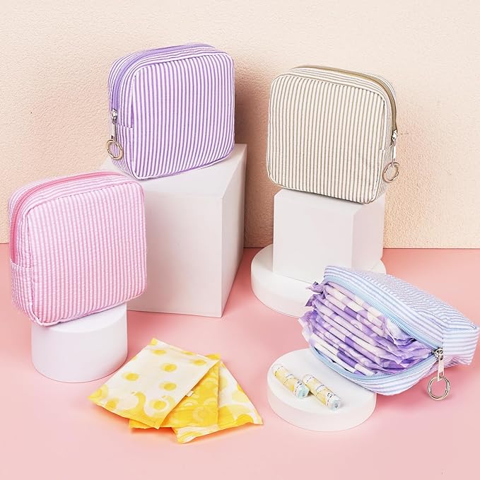 Period Bag for Teen Girls, Colorful Lines Sanitary Napkin Storage Bag, Menstrual Pad Pouches Tampon Holder for Purse (Blue)