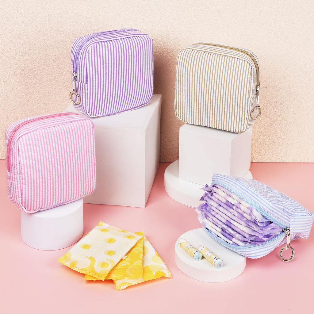 Playexen Period Bag for Teen Girls, Stripes Sanitary Napkin Storage Bag with Ring Buckle, Menstrual Pad Pouches Tampon Holder for Purse (Khaki)