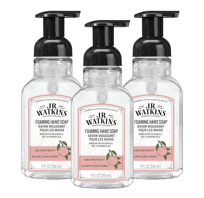 J.R. Watkins Foaming Hand Soap with Pump Dispenser, Moisturizing Foam Hand Wash, Alcohol-Free and Cruelty-Free, Pamplemousse/Grapefruit, 9 fl oz, 3 Pack