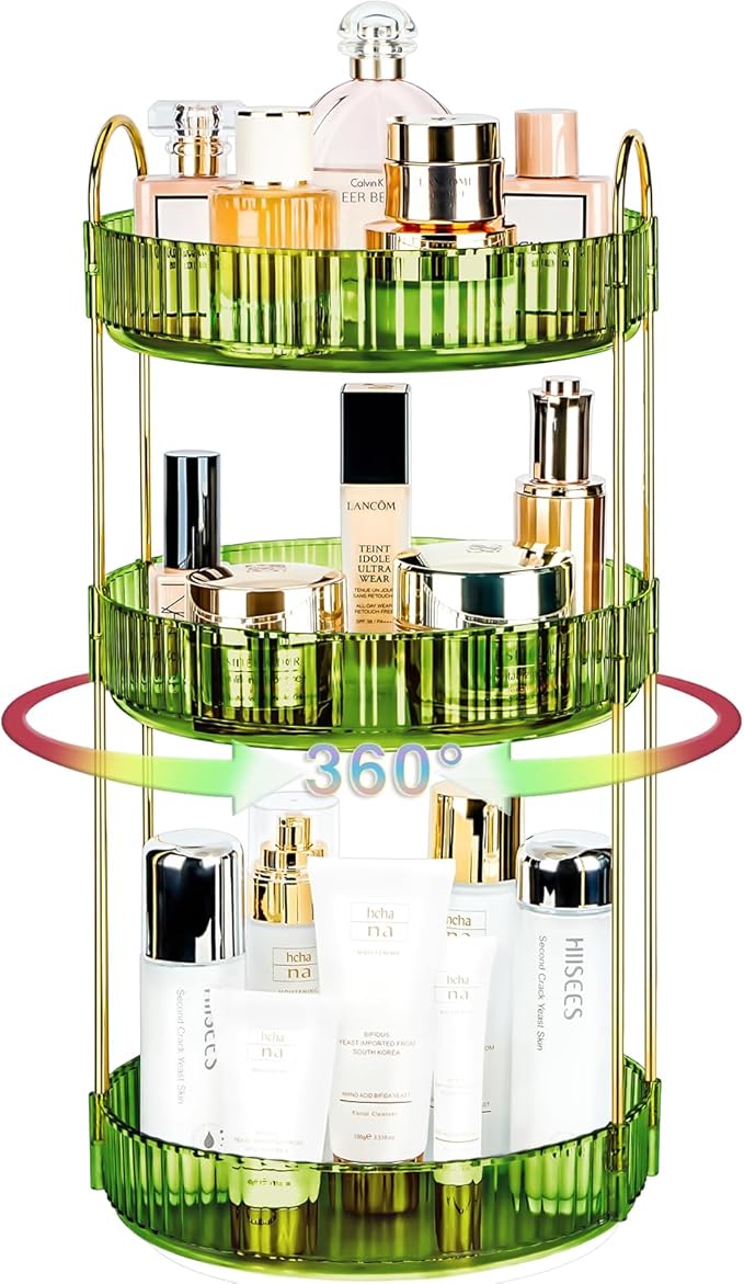 Niluks 360 Rotating Makeup Organizer - Large Capacity Spinning Perfume & Cosmetic Skincare Holder for Vanity & Countertop (Gem Green, 3 Tier)