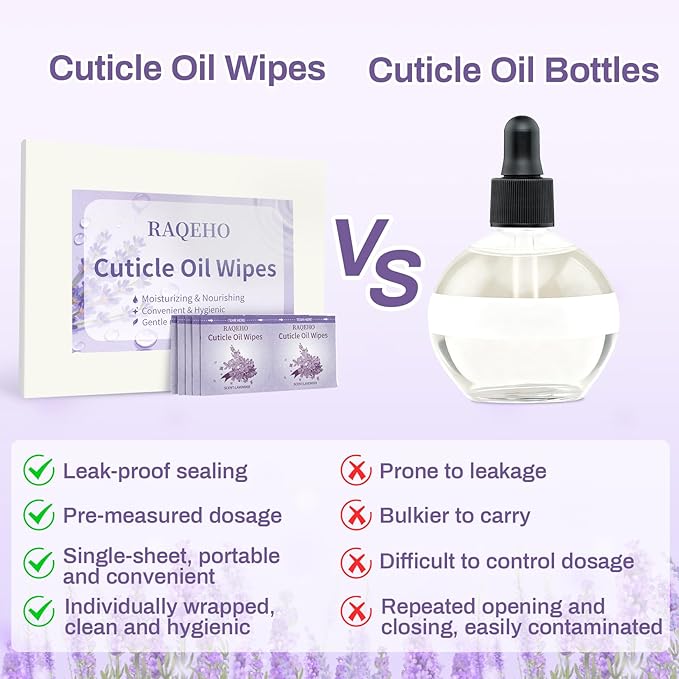 RAQEHO 100pcs Cuticle Oil for Nails - Lavender Nails Oil Wipes Travel Size Cuticle Oil Aceite Para Cuticula for Weak, Dry, Damaged Nail, Hand Care Products, Technician Essentials, Sensitive Skin