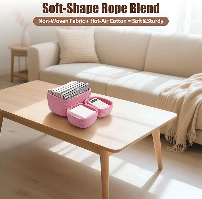 VIRETH HAUS 5-Pack Small Woven Rope Storage Baskets – 2 Sizes Organizer Bins for Closet, Shelf, Bookshelf, Nursery, Changing Table, Fabric Cube Boxes, Rectangular Shallow Bins for Bathroom, Toy & Home