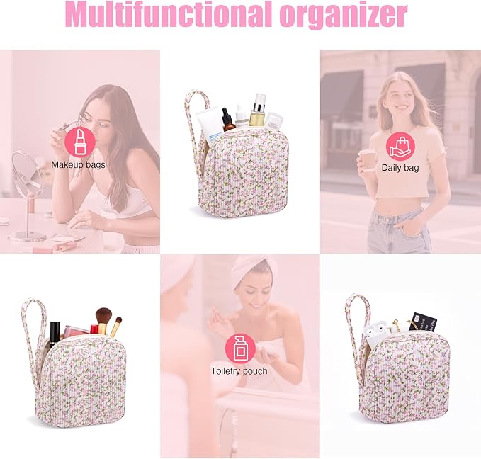 Chicarries Small Makeup Bag | Discreet Period Bag Pad Pouch for Purse | Sanitary Napkin Storage & Tampon Holder for Travel (Flower Pink)