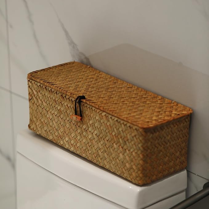 Seagrass Tank Basket with Lid Woven Toilet Roll Storage Basket with Sections Rectangular for Organize Snack Toys Tampon (Large Compartment 16.5inch L x 5.5inch W x 5.5inch H) Natural