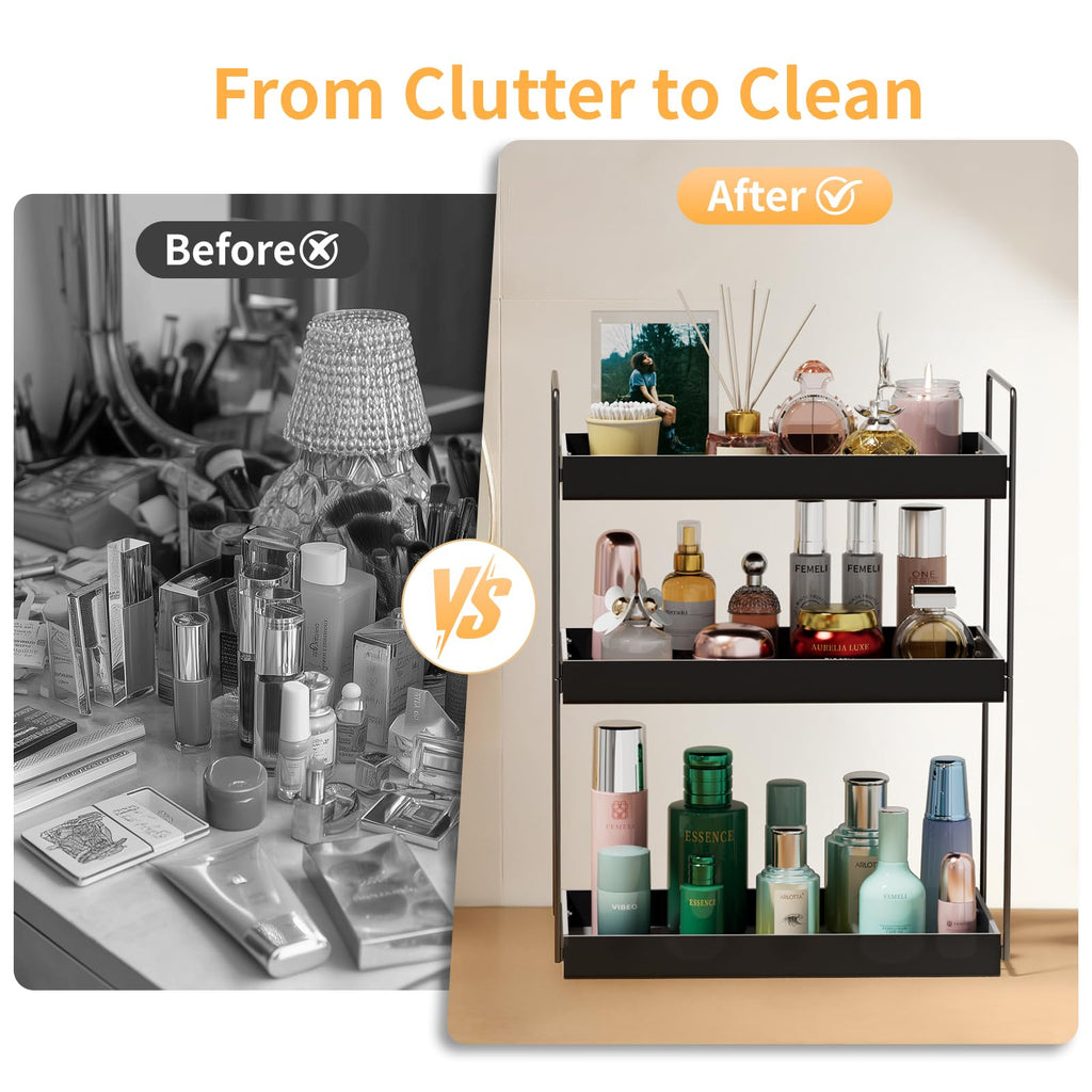 Bathroom Countertop Organizer, 3 Tier Metal Vanity Counter Skincare Shelf, Matte Black Under Sink Standing Rack With Acrylic Tray, Home Storage Holder For Lotion Makeup Cosmetics Perfume Spice