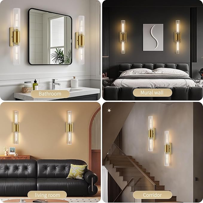 21" Gold Bathroom Sconces Set of 2 , Modern Wall Sconces Set of Two with Threaded Glass, Hardwired Up Down Wall Lighting Vanity Fixtures for Bedroom Bathroom Living Room Hallway (Bulb Not Included)