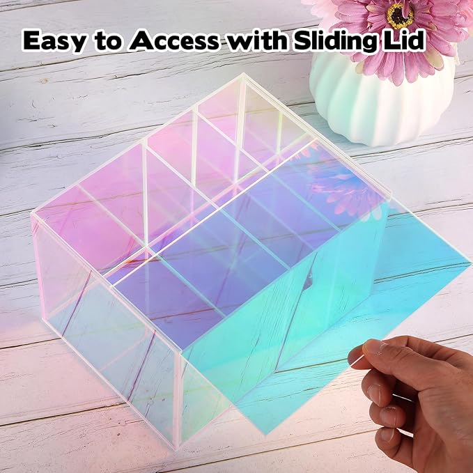 Tampon Storage Holder for Bathroom with Lid Rainbow Acrylic, Sanitary Napkin Holder, Feminine Pads Organizer Box with Removable Divider, Bathroom Accessories Box for Girl Stuff