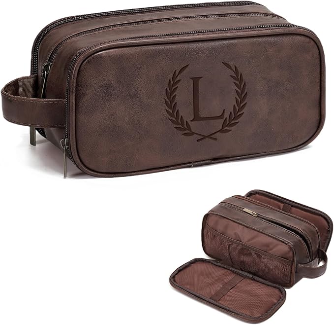 Janhavi Shaving Bag for Men Travel Waterproof, Engraved Initials & Wheat, Make Up Bag,Groomsmen Gifts, Mens Toiletry Travel Bag, Men's Accessories Organizer, Gifts for Him(Medium, Dark Brown, L)