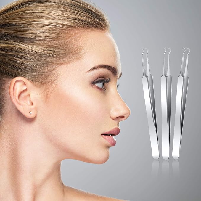 Honoson 3 Pcs Blackhead Tweezer Stainless Steel Pimple Tweezers Tool for Remove Zit Whitehead Pimple Bend Curved Extractor Tweezer Skin Blackhead Remover Tools(Silver)