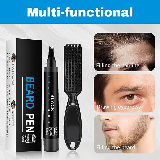 Beard Filler Pencil - Beard Pen with Brush, Barber Pen Water-proof Mens Grooming Kits Creating Natural Beard Color (Dark Brown)