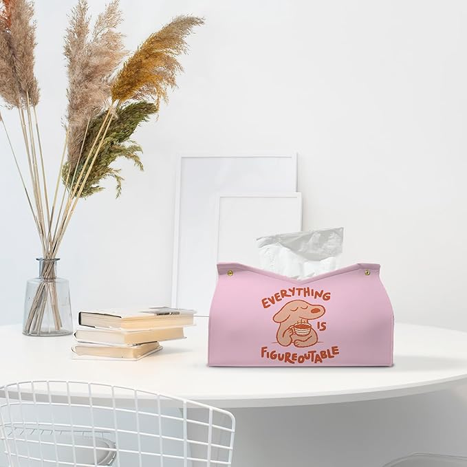 Pink Cute Dog Tissue Box Cover Rectangle,Motivational Toilet Paper Box,Leather Decorative Facial Paper Case for Living Room Bathroom Kitchen Office Desk,Everything is Figureoutable,9.8x5.9x5.9