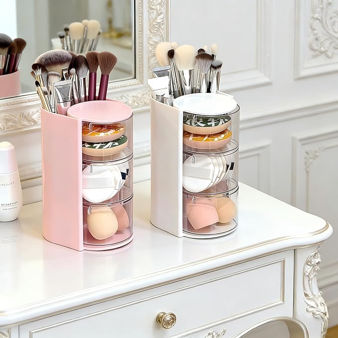Hair Accessories Organizer with Hair Brush Holder, Rotatable Makeup Brush Holder for Necklaces, Earring, Bracelet, Ring, Makeup Brushes, Hair Clip and Hair Accessories (Pink, 3-Layer)