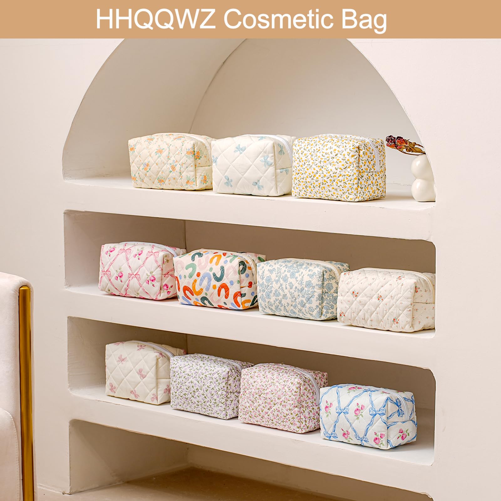 HHQQWZ Makeup Bag Travel Cosmetic Bag for Women Girls, Zipper Make Up Pouch, Floral Flowers Toiletry Organizer Makeup, Portable Storage Cosmetic Travel Cloth Bag (Pink+White Small Flower)