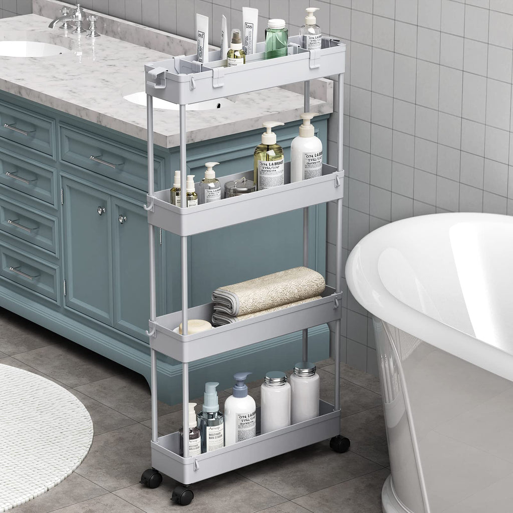 SPACELEAD Slim Storage Cart 4 Tier,Bathroom Organizer Rolling Utility,Mobile Shelving Unit Slide Out for Office, Kitchen, Laundry Room & Narrow Places,Gray