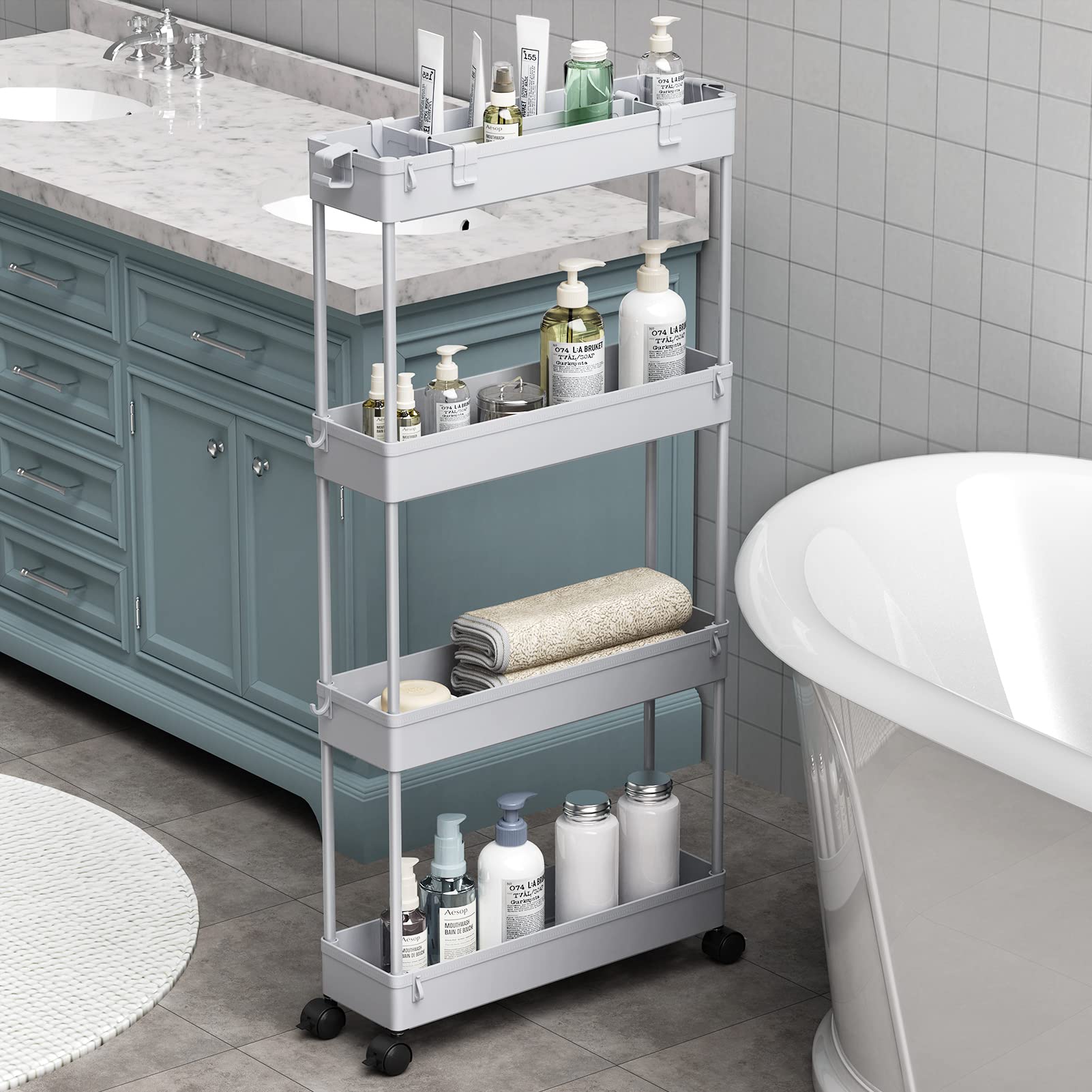 SPACELEAD Slim Storage Cart 4 Tier,Bathroom Organizer Rolling Utility,Mobile Shelving Unit Slide Out for Office, Kitchen, Laundry Room & Narrow Places,Gray