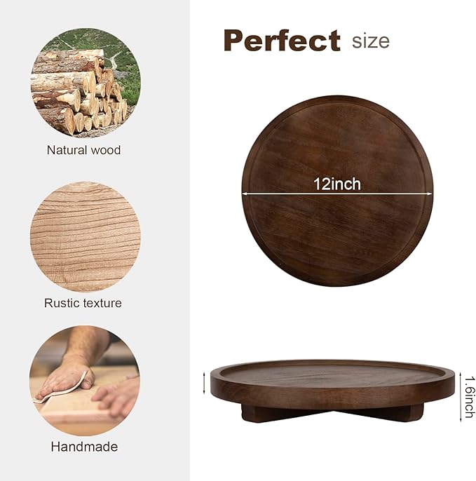 Round Decorative Tray Farmhouse Kitchen Decor Soap Dish, 12" Walnut