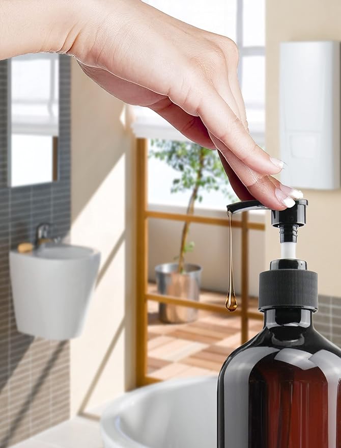 Empty Plastic Bottles with Pump Dispenser, 500ml/16.9oz (Amber, 3 Pack)